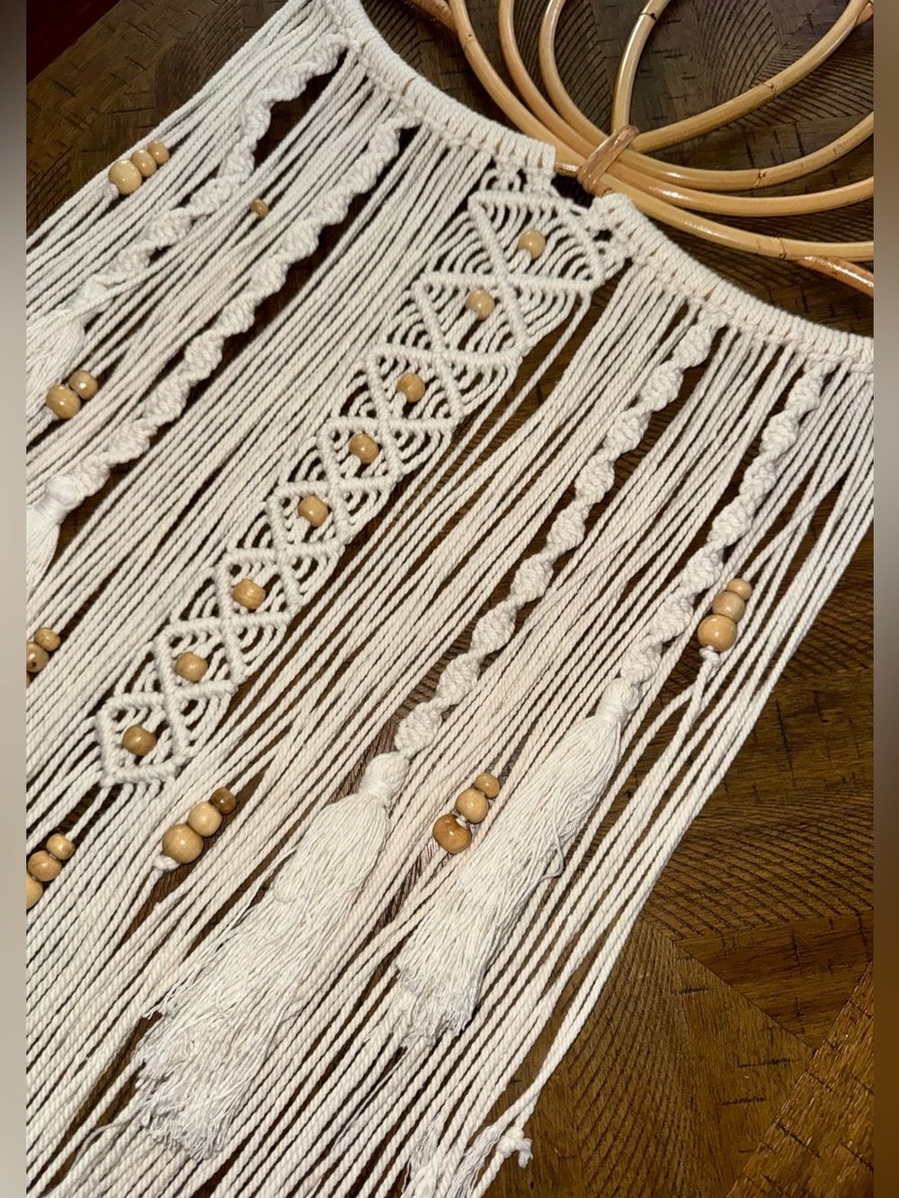 Handcrafted Cream Macramé Wall Hanging with Natural Wood Frame - Picture 4 of 6